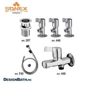 "Sonex Lever 6-Piece Full Round Set bathroom fitting - Experience luxury in your bathroom with the Sonex Lever 6-Piece Full Round Set. These premium bathroom fittings combine elegant design with effortless functionality, allowing you to create a sophisticated oasis in your home. Trust Sonex, the leading brand in bathroom accessories, for superior quality and timeless style."