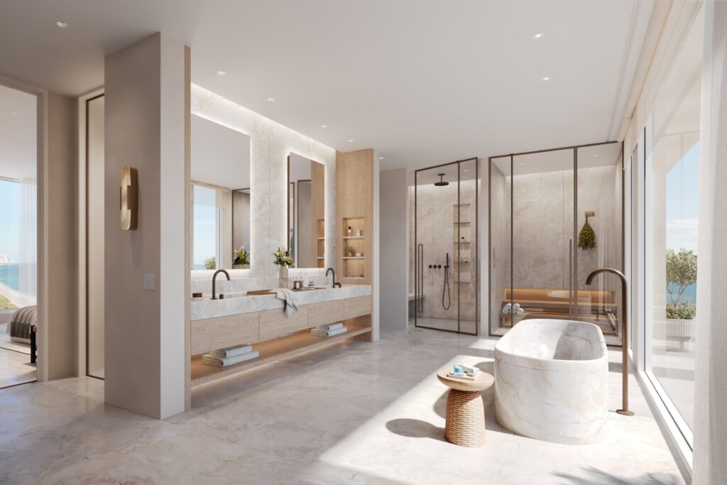 Modern bathroom with glass shower, vanity and black fittings