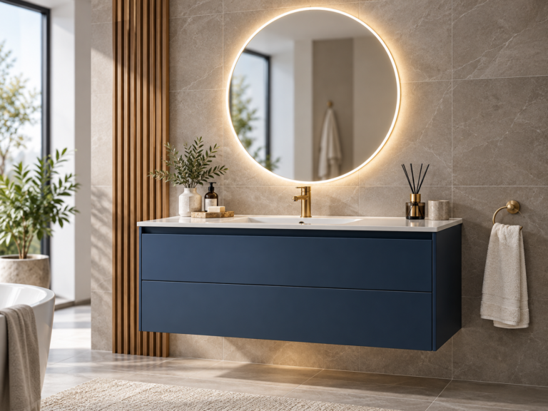 Wall-mounted bathroom vanity with a round LED mirror