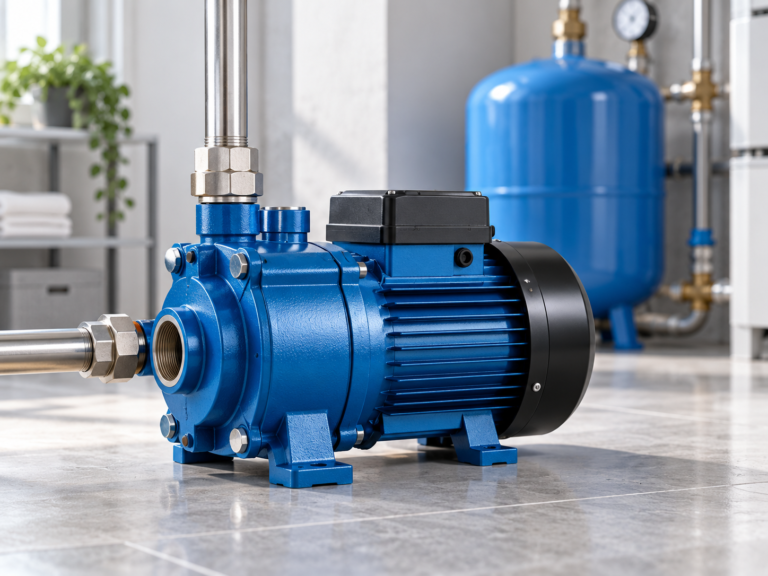 Blue domestic water booster pump installed in a utility area