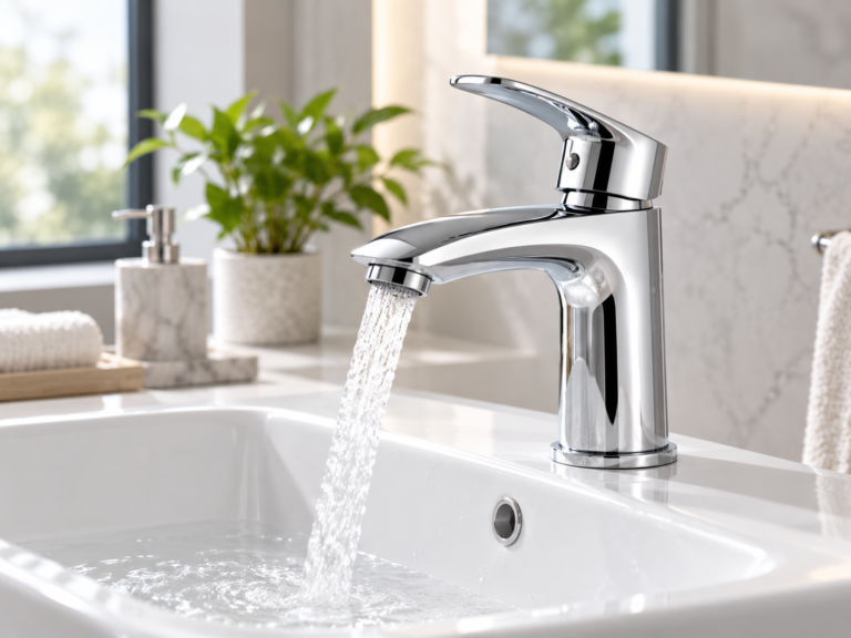 Sonex basin mixer running water over a white wash basin