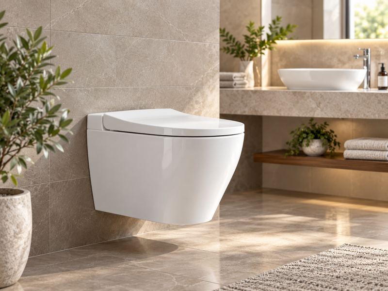 SERA wall-hung commode and over-counter basin in a modern bathroom at Design Bath Lahore